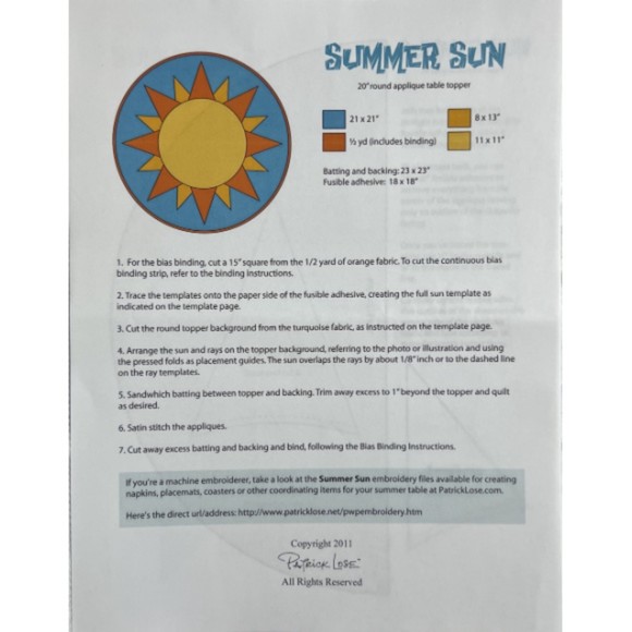Patrick Lose - Summer Sun Table Topper Quilt Pattern - Size 20" Round - Picture 2 of 2